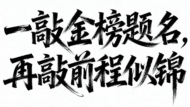 现代创意书法字体设计，文字内容为"一敲金榜题名，再敲前程似锦"，字体带有明显的毛笔书写质感，笔触表现力强，笔画粗细对比强烈，带有自然飞白和笔锋变化，有粗重按压痕迹，充满力量感与韵律感。字形灵动洒脱，打破印刷体规整结构，字形舒展富有动感，竖钩带有飘逸拖尾，整体布局随性自然，呈现行书流畅与草书写意气质。兼具传统书法苍劲感与现代文艺清新感，适合海报标题，纯字体背景干净。