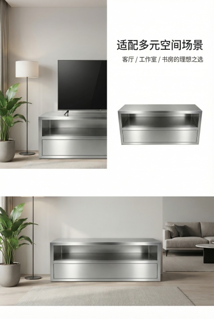 2:3竖屏，严格还原上传的不锈钢储物柜产品图，包括金属拉丝质感、开放式储物格、隐藏式抽屉等所有细节，产品外观必须与参考图完全一致，不得改变包装设计、配色方案或结构元素，保持不锈钢的真实高光金属质感。场预览效果