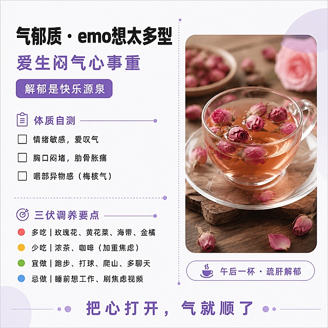 气郁质 · emo想太多型
主色调：薰衣草紫（#B39DDB）+ 淡紫色（#EDE7F6）——紫色代表情绪、舒缓、解郁

左半部分（文字区）

项目	内容
标题	气郁质 · emo想太多型
副标题	爱生闷气心事重
小标签	解郁是快乐源泉
体质自测（带□小方框）
□ 情绪敏感，爱叹气
□ 胸口闷堵，肋骨胀痛
□ 咽部异物感（梅核气）

三伏调养要点（彩色圆点+文字）
● 多吃 | 玫瑰花、黄花菜、海带、金橘
● 少吃 | 浓茶、咖啡（加重焦虑）
● 宜做 | 跑步、打球、爬山、多聊天
● 忌做 | 睡前想工作、刷焦虑视频

右半部分（图片区）

一张写实照片： 玫瑰花茶（Pexels/Unsplash搜索“rose tea”或“玫瑰花茶”）

照片下方文字标注：
午后一杯 · 疏肝解郁

底部金句： 把心打开，气就顺了「图片1」