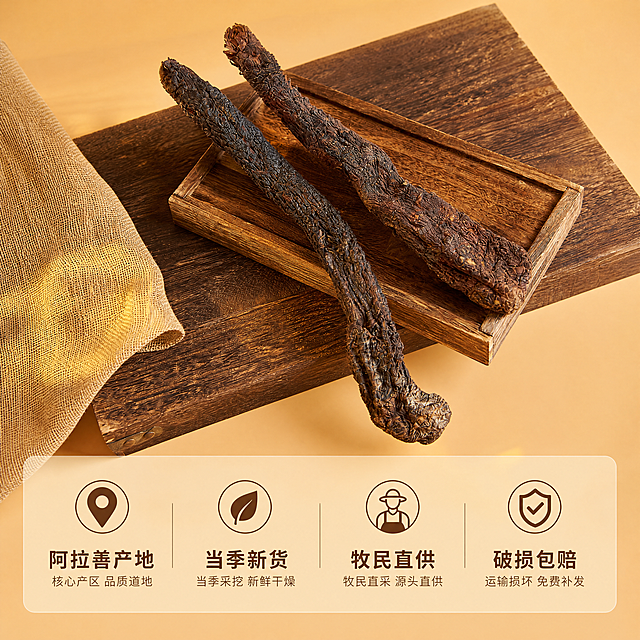 [主图-5] 肉苁蓉服务承诺转化图
[氛围风格] 清晰可信，简洁专业
[画质] 商业摄影质感、光线柔和通透、产品清晰真实、画面干净高级
[元素] 完整两根肉苁蓉整根斜放展示，占据画面上半部分，保持原产品外观颜色纹理一致。下半部分留空放置服务承诺，整体布局干净不拥挤
[光影] 均匀柔和商业摄影光，产品和文字都清晰明亮
[配色] 保留产品深棕与背景暖黄配色，文字区域用半透浅黄底衬托
[视角构图] 上产品下文字构图，平衡稳定，主体产品完整不裁切
[文字版式] 底部半透明悬浮条横向排列四项服务承诺，每项带简单图标：「阿拉善产地」「当季新货」「牧民直供」「破损包赔」，文字清晰，深棕字在浅底上对比强烈，间距均匀，两端留白不贴边
[比例分辨率] 1:1 比例，4k 分辨率；文字清晰锐利，画面超高清
[负向提示词] 变形，水印，文字错乱，产品图模糊，背景杂乱