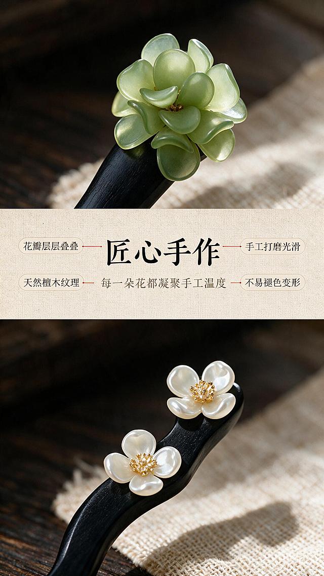 [商品] 使用【图1】中的绿色多肉款与白色双花款发簪；保留黑色檀木材质、绿色花瓣与白色花瓣的颜色质感、金色花蕊细节；商品处理：微距放大簪头部分，增强花瓣通透感与檀木纹理细节。
[画面] 目标：细节质感展示，突出手工工艺与材质。构图：上下分屏，上半部分展示绿色多肉簪头微距，下半部分展示白色双花簪头微距，中间留白放文字。主体簪头各占对应区域70%。景别：超微距特写。阅读动线：从上至下。场景：深色木质背景，侧光打亮簪头，花瓣边缘有柔和光晕，背景有虚化的麻布纹理。
[视觉] 套系策略：风格=东方雅致国风商业摄影；标题字=宋体衬线粗体；正文字=简洁宋体；主色=米杏色+墨黑色；背景延展=基于米杏色麻布质感做深浅层级、同色渐变和细腻织物纹理；强调色=朱砂红，仅用于小面积印章、引线和标签；标题色=墨黑色；正文色=深棕灰色；组件=细线引线、圆角浅底信息卡、朱砂红印章元素；光影=侧逆光勾勒花瓣轮廓，正面补光展现材质细节，温润质感。
[文字] 中间横向放主标题"匠心手作"，副标题"每一朵花都凝聚手工温度"，两侧各配2个细节标注：花瓣层层叠叠、天然檀木纹理、手工打磨光滑、不易褪色变形；文字横向排版，用细线引线指向对应细节。
[规格] 图片比例9:16竖版，2K分辨率，避免变形、错字、文字过小、冷蓝背景、花瓣颜色失真、材质感缺失。
