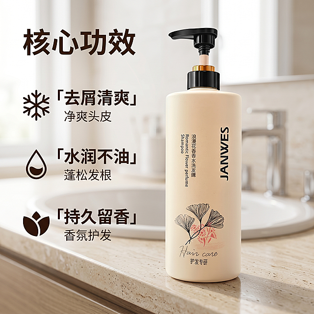 [主图-2] 香氛洗发水核心卖点展示图，保持洗发水产品外观（瓶身结构、材质颜色、文字信息）与输入产品图绝对一致，杜绝变形色差。产品居中放置，周围环绕三个核心卖点搭配简约图标：去屑、清爽、留香。左侧卖点列表垂直排列，每个卖点配对应小图标，右侧完整展示洗发水产品。背景为浅米色干净简约浴室台面，柔和自然光线，整体干净通透。配色保持产品浅米色主体，文字用深棕色与背景强对比，突出可读性。平视构图，产品完整不裁切。文字版式：顶部大标题"核心功效"，大字加粗；左侧三个卖点依次为：雪花图标「去屑清爽」「净爽头皮」，水滴图标「水润不油」「蓬松发根」，花瓣图标「持久留香」「香氛护发」，每个卖点主标题大字，说明小字缩小一半，排版清晰主次分明。比例1:1，2k分辨率，文字清晰锐利，超高清商业摄影，画面干净高级。负向提示词：变形，水印，文字错乱，产品模糊，背景杂乱，卖点遮挡产品主体
