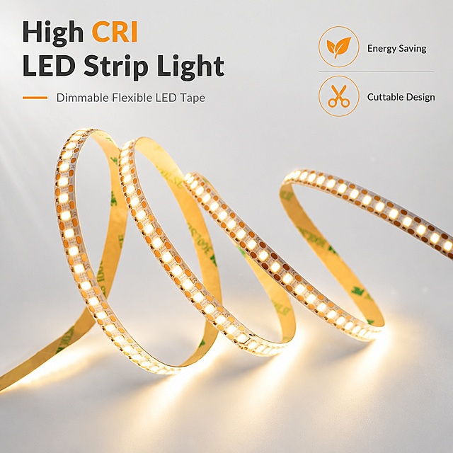 [第1屏] 详情页头图 - High Cri Led Strip Lights product poster. 本屏使用【图1】作为商品主体。
[氛围/风格] 简约科技风，真实客观产品展示，低饱和背景，商业摄影质感，符合亚马逊平台审美。
[元素布局] LED灯带主体放置在画面中心，呈螺旋弯曲造型占比约65%-70%，左上角预留主标题区域，右上角放置2个核心卖点标签，灯带结构、灯珠排布、暖白色发光效果与输入产品图保持完全一致。背景添加淡灰色渐变底，搭配轻微发光光晕效果。
[光影质感] 主光源从灯带本身发光射出，搭配顶部柔光补光，灯带投影自然柔和，明暗层次清晰，产品轮廓分明。
[配色色系] 全局底色 #f0f0f0；主色：灯带暖白色；辅助色：深灰色文字、浅橙色点缀。
[视角构图] 45度斜侧视角，产品为绝对视觉中心，阅读动线：左上标题 → 中心产品 → 右上角卖点，画面均衡稳定。
[文字版式] 版式为左上标题 + 中心产品 + 右上角卖点标签。主标题 "High CRI LED Strip Light", 副标题 "Dimmable Flexible LED Tape", 每个单词首字母大写，英文清晰可读。右上角两个卖点标签: "Energy Saving" 和 "Cuttable Design", 文字不遮挡产品主体。
[比例分辨率] 1:1 正方形比例，分辨率 4K，文字清晰可辨，高清画质。
[负向提示词] product deformation, wrong structure, color distortion, blurry product, watermark, messy background, Chinese characters, price tag, misleading promotion.
