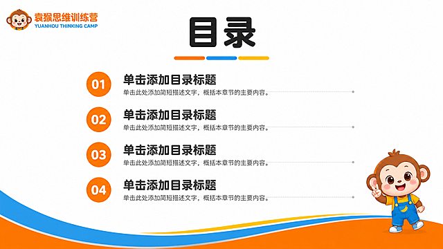 基于参考图的袁猴思维训练营品牌风格，制作PPT目录页模板。左上角保留猴子头像logo和"袁猴思维训练营"文字。页面顶部中央写着"目录"两个大字，下方有橙蓝黄三色装饰线。页面主体是四个目录项，编号01、02、03、04，每个编号用橙色圆形背景白色数字，右侧是目录标题占位文字"单击添加目录标题"和简短描述占位符。底部有橙蓝黄三色波浪曲线装饰。右下角有一个小型卡通猴子形象。整体风格卡通儿童风，橙蓝黄配色，白色背景，干净明亮。PPT 16:9横版比例。