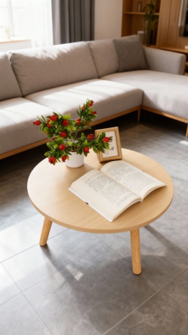 客厅场景摆放着桌子，桌上摆放些装饰品，桌子摆放要与空间搭配预览效果