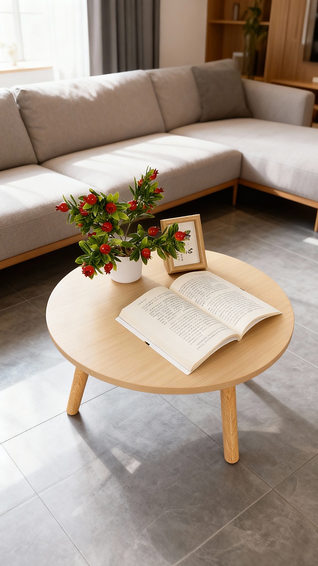 客厅场景摆放着桌子，桌上摆放些装饰品，桌子摆放要与空间搭配