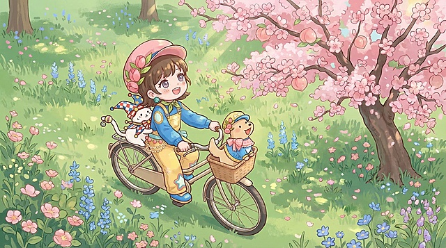 日系Q版绘本插画，治愈系动画风格，宫崎骏童话风，俯视视角，Q版少女骑着自行车路过一片花田，少女笑着抬头看向前方的桃花树，一只浅棕色小狗趴在自行车车篮上兴奋地抬起头，和少女看向同一个方向，自行车后座还坐着一只白色小丑装扮的小猫，小猫正搂抱着少女的腰，紧张地望着地面怕摔下去。画风为扁平插画结合细腻平涂，流畅线条勾勒，柔和边缘过渡，超高清细节，电影感光影，整体春日氛围，以粉、蓝、绿三种颜色为主色调，画面绿色占比较大，整体和谐清新。