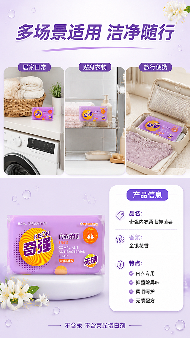 [第4张] 详情页场景与规格-多场景适用+产品规格信息。本张使用【图1】作为商品主体。
[氛围/风格] 清新生活场景风，上场景下规格，温馨实用，商业摄影质感。
[元素布局] 上半部分多场景拼图（居家洗衣台、浴室置物架、旅行收纳3格小场景），每格融入产品小图；下半部分产品标准照+规格信息卡，产品占比约35%；背景淡紫色调，点缀柔和水滴和金银花元素；产品外观与输入图完全一致。
[光影质感] 场景部分自然光感，规格部分均匀柔光，产品清晰有质感。
[配色色系] 全局底色 #F0E6F7 浅紫；主色紫色；辅助色橙色；点缀色白色+浅绿。
[视角构图] 上下结构，上半三宫格场景拼贴，下半产品+信息卡左右布局，阅读动线上场景 → 下规格。
[文字版式] 顶部大标题「多场景适用 洁净随行」；三格场景分别配文字「居家日常」「贴身衣物」「旅行便携」；下半部分左侧产品图，右侧信息卡，标题「产品信息」，包含「品名：奇强内衣柔顺抑菌皂」「香氛：金银花香」「特点：内衣专用 / 抑菌除异味 / 柔顺呵护 / 无磷配方」；底部小字「不含汞 不含荧光增白剂」。
[比例分辨率] 9:16 竖版比例，4K 分辨率，文字清晰可辨，高清画质。
[负向提示词] 产品变形，颜色偏差，包装文字错乱，文字过小，水印，背景杂乱，产品图模糊。