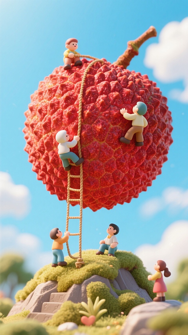 一个巨大无比的荔枝漂浮在空中，它饱满通红，外壳上的每一个凸起都像一座小山。几个微缩小人正在这个巨大的荔枝上探索，有的小人正试图用绳索攀登它表面的凸起，有的小人坐在上面仿佛在山顶眺望，还有的小人好奇地触摸着它粗糙的红色外壳。阳光很好，温暖，温柔温馨，梦幻，童话世界，充满想象力的画面，小清新，明亮，简单，大场景，背景是蓝天白云。