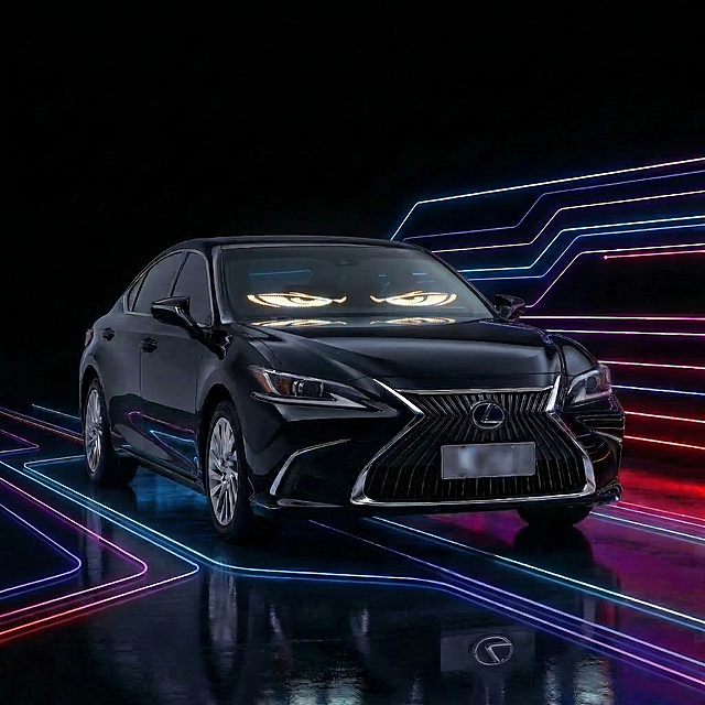 修改：适当调低LED车贴的亮度，还原保持LED车贴原本的颜色和图案不变，保持汽车前车灯关闭状态，车身依旧干净整洁，保留黑色暗调背景、RGB科技赛博风格、1:1构图不变，严格还原所有细节，高清质感，禁止细节失真、画面模糊