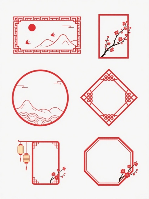 六个中国传统红色线条边框规整排布在白色背景上，包含：顶部左侧为长方形边框，内有远山、红日和飞鸟图案，四角有回纹装饰；顶部右侧为长方形边框，一侧装饰有梅花枝和花朵；中间左侧为圆形边框，底部有远山和祥云图案；中间右侧为菱形边框，四角有中国结和祥云纹样；底部左侧为长方形边框，左侧悬挂两个灯笼；底部右侧为八边形边框，两侧各有一朵梅花装饰，所有边框均为纤细流畅的红色线条，整体呈现出对称、平衡、整齐的布局……预览效果