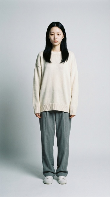 生成四张人物全身角色图，角色是一个二十岁出头的东亚女性，肤色偏白，五官清秀但带疲态，眼角微微下垂，目光疏离，黑色直长发自然垂落，没有刻意打理，几乎不化妆，嘴唇自然，身形纤细轻薄，带一点“不太存在于现实预览效果