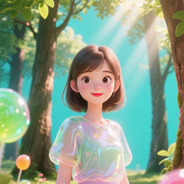 一个女孩，中长发，瓜子脸。柳叶眉，嘴唇嫣红，明眸皓齿。神态贤淑。在夏天的早上的树林里，阳光从树叶间穿过，有丁达尔现象。非动漫形式，偏写实。树林的数码高大，女孩子在树下。