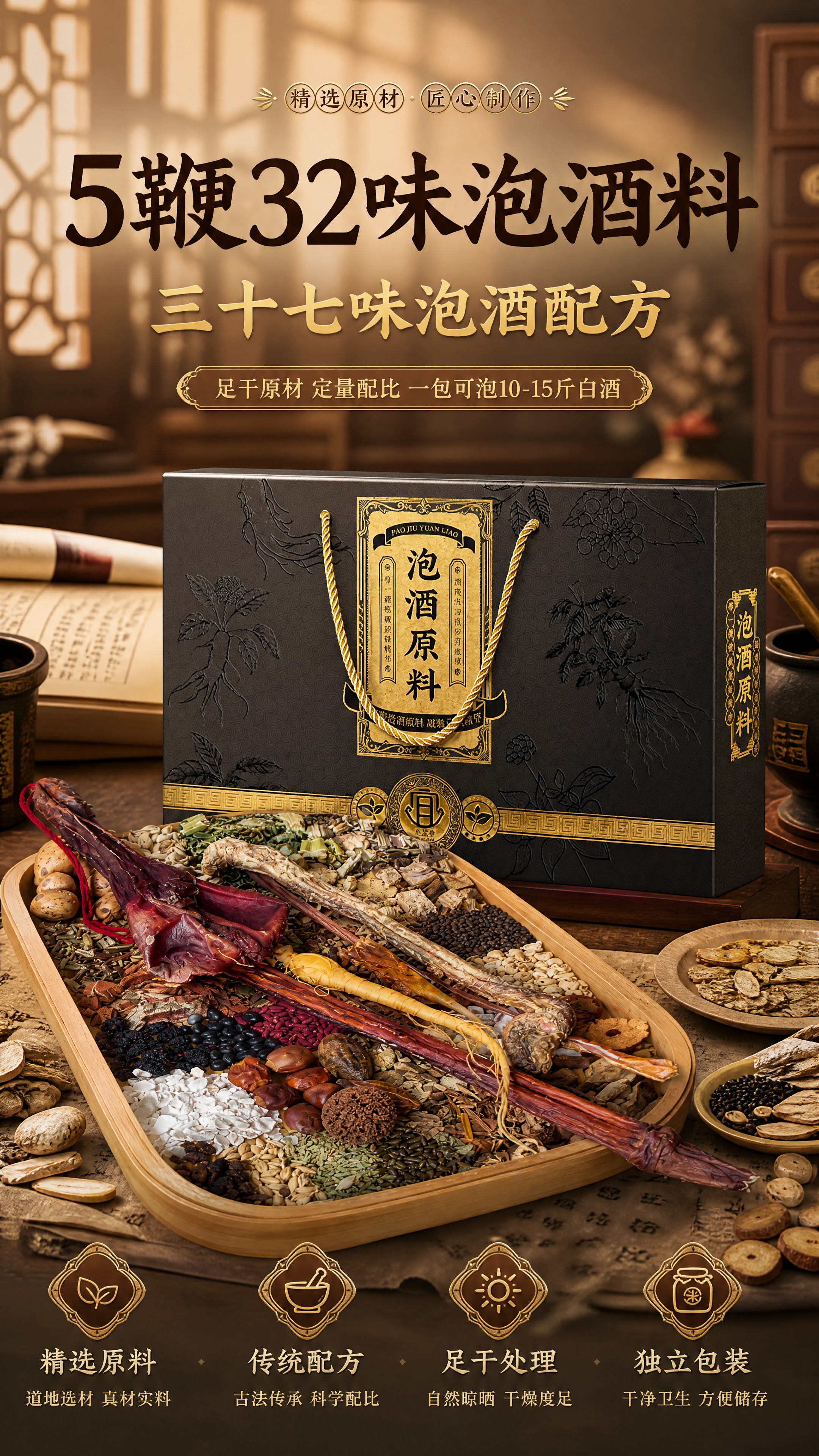 [商品] 使用【图1】泡酒料原料组合（竹托盘盛放多种鞭类与草本… - 图片创意预览