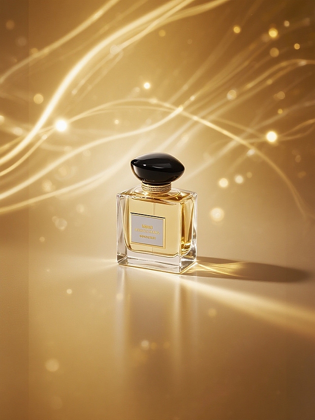 以暖金色为基调，用流动金色线条、朦胧光斑做背景，强化精致光影效果，聚焦瓶身，奢华高端质感，突出光影对瓶身光泽和立体感的塑造 。