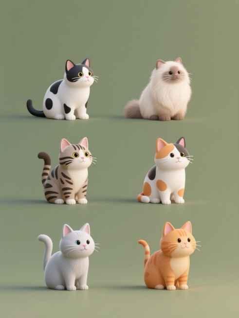 软3D风格猫咪系列素材集合，包含6个完全不同造型的猫咪，整体色彩分别为奶牛猫、布偶猫、狸花猫、三花猫、橘猫、银渐层，所有猫咪置于纯色背景上，规整排布成两行三列的网格布局，保持统一的软3D质感、光滑表面预览效果