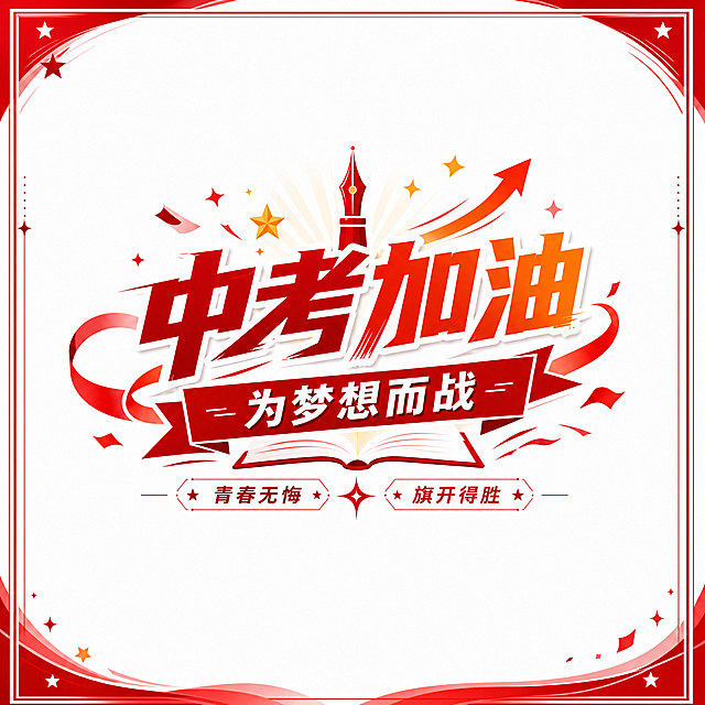 根据参考图重新生成中考签名墙，将整体配色改为红色调，保留所有文案内容和排版：主标题"中考加油"，副标题"为梦想而战"，装饰文字"青春无悔"、"旗开得胜"，保持四周留白供签名使用，整体风格青春励志，版式精美，红色喜庆氛围，所有文字清晰可读，适合打印输出。
