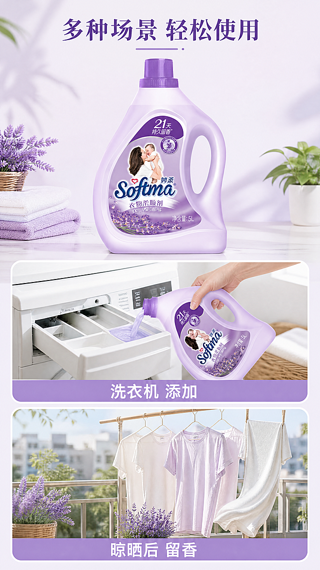 使用商品详情页技能根据商品图「图片1」生成1套详情页，参考图为，商品名称为１０斤柔顺剂大瓶装，卖点为 ，适配平台为抖音/快手，图片比例为9:16，需求屏数为５张，其他要求为