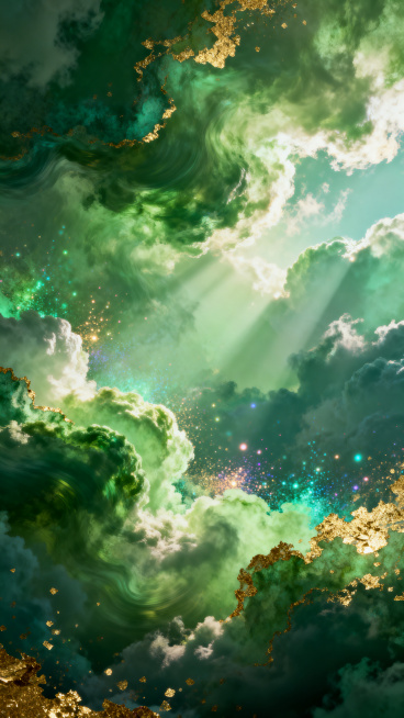 以天空为主体的宏大无垠画面，整体以绿色为主色调，风格繁复华丽，拥有丰富的色彩层次，带有轮廓光效果和粒子光效，呈现色彩弥散渐变效果，点缀少量金箔纹理，带有磨砂肌理质感预览效果