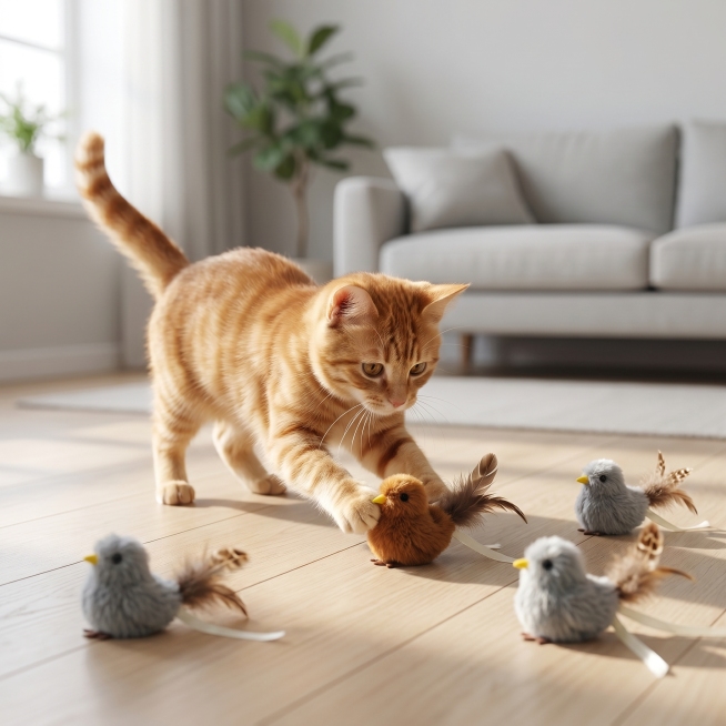 [主图-3] 逗猫小鸟猫咪互动场景图。保持产品外观、材质颜色与输入产品图绝对一致。展示猫咪在家中地板上玩耍逗猫小鸟的真实生活场景，木质地板，浅灰色简约客厅背景，一只橘猫扑向小鸟玩具，互动自然真实。符合预览效果