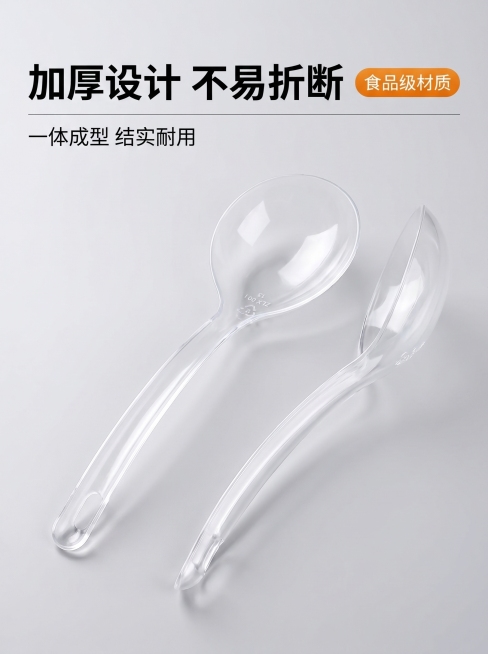 [主图 2] 一次性大公勺核心卖点展示图。
[氛围风格] 干净简约商务电商风，和主图1风格光影配色完全统一。
[画质] 商业摄影质感、光线柔和通透、产品清晰真实、画面干净高级，超高清。
[元素] 两只预览效果