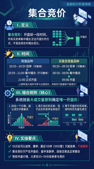 集合竞价
一、定义
集合竞价：开盘前一段时间，所有买卖单集中撮合、一次性定出开盘价的方式，不是连续实时撮合成交。
二、时间
1. 夜盘品种
20:55—20:59 挂单（可撤单）
20:59—21:0预览效果