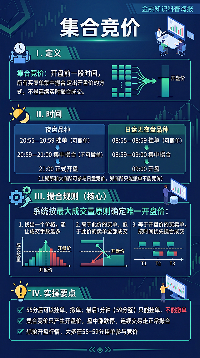 集合竞价
一、定义
集合竞价：开盘前一段时间，所有买卖单集中撮合、一次性定出开盘价的方式，不是连续实时撮合成交。
二、时间
1. 夜盘品种
20:55—20:59 挂单（可撤单）
20:59—21:00 集中撮合（不可撤单），21:00 正式开盘
2. 日盘无夜盘品种（上期所和大商所可参与日盘竞价，郑商所只能撤单不能竞价）
08:55—08:59 挂单（可撤单）
08:59—09:00 集中撮合，09:00 开盘
三、撮合规则（核心）
系统按最大成交量原则确定唯一开盘价：
1. 找出一个价格，能让成交手数最多
2. 高于此价的买单、低于此价的卖单全部成交
3. 等于开盘价的买卖单，按时间优先撮合成交
四、实操要点
55分后可以挂单、撤单；最后1分钟（59分整）只能挂单，不能撤单
集合竞价只产生开盘价，盘中涨跌停、连续交易走正常撮合
想抢开盘行情，大多在55–59分挂单参与竞价