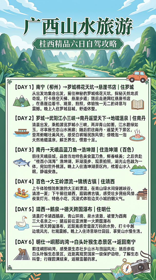 清新卡通风格，融合自然山水与现代设计元素，以手绘插画呈现广西山水美景，搭配简洁排版与图标点缀，营造轻松愉悦的旅游氛围。