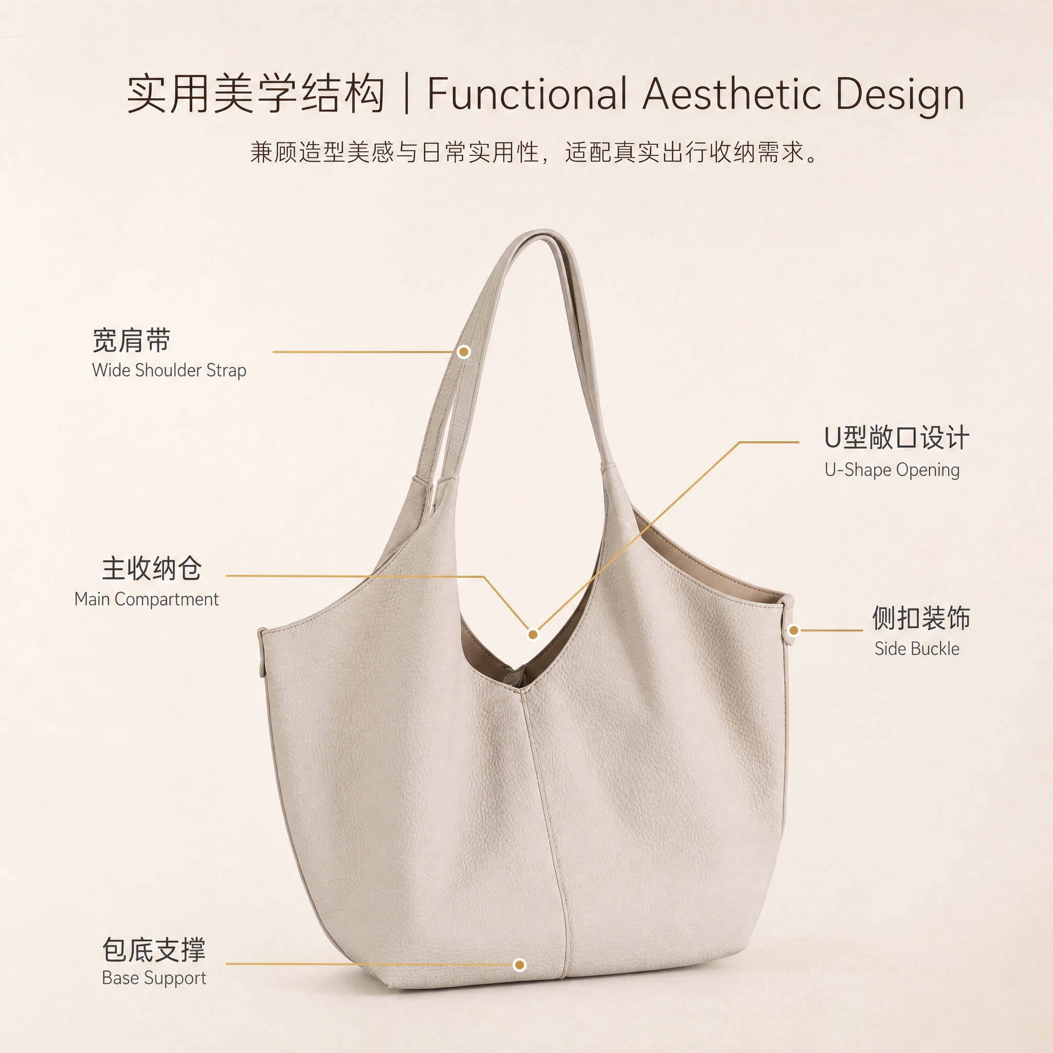 [商品] 使用【图1】米杏色软皮托特包；保留U型开口、双宽肩带… - 图片创意预览