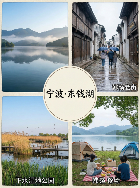 你的任务
帮我制作几份由地区的4张拼图出来的风景宣传照片，并在图片中心用文字标上主要地点（只要一个）
#备注
要求图片写实，使用香蕉2.0，图片比例3:4，且不要出现任何人的正面照。
#备注
在标记地预览效果