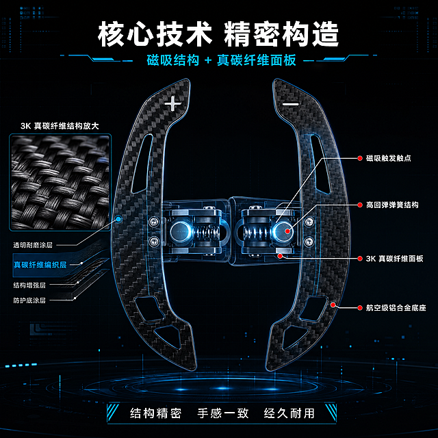 [第4屏] 详情页核心技术解析-磁吸结构与碳纤维材质剖面说明。本屏使用【图1】作为产品结构参考。
[氛围/风格] 硬核技术拆解风，工业剖面图质感，专业精密，深色科技背景。
[元素布局] 画面中央展示拨片的半透明剖面视角，可看到内部磁吸结构；左侧放大展示碳纤维编织纹理的微观结构；右侧用引线标注关键部件：磁吸触点、回弹弹簧、碳纤维面板、安装底座；背景有科技感网格线和数据光点装饰；产品外部轮廓与输入图一致。
[光影质感] 多光源均匀照明，剖面内部有发光效果突出结构，碳纤层有层次感，金属部件有高光。
[配色色系] 全局底色 #0D0D0D 纯黑；主色黑色碳纤+银色金属；辅助色 #00D4FF 科技蓝发光线、白色标注线、红色重点标注。
[视角构图] 中央主体剖面，左右细节放大，阅读动线从中央向两侧扩散。
[文字版式] 顶部标题「核心技术 精密构造」，白色粗体大字号；副标题「磁吸结构 + 真碳纤维面板」，蓝色小字；各部件标注文字用白色细线引出，标注内容：「磁吸触发触点」「高回弹弹簧结构」「3K 真碳纤维面板」「航空级铝合金底座」；底部有一行技术说明文字「结构精密 手感一致 经久耐用」。
[比例分辨率] 1:1 方图比例，4K 分辨率，文字清晰可辨，高清画质。
[负向提示词] 结构错误，产品变形，文字模糊，水印，颜色偏差，剖面不清晰。