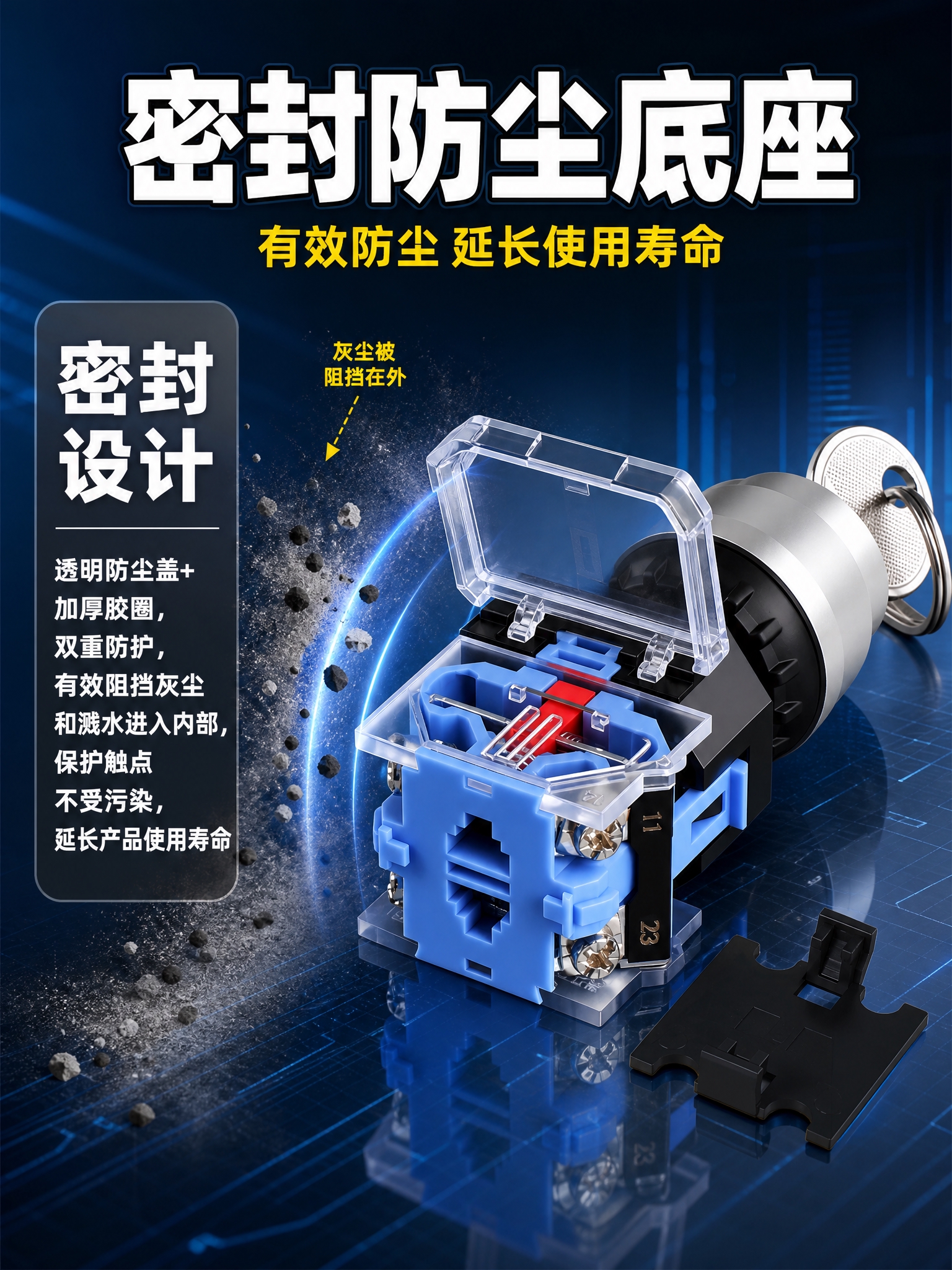 电商详情页密封防尘底座卖点图，LA38钥匙旋钮开关，750px… - 图片创意预览