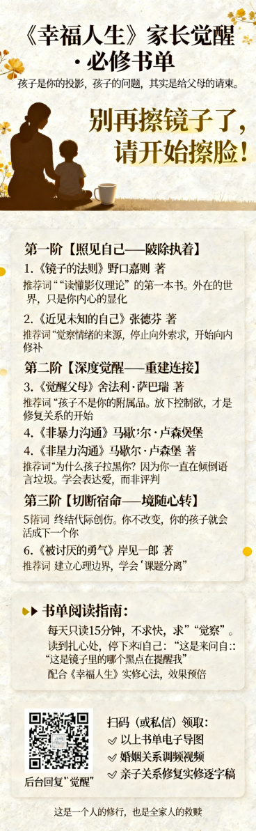生成一张亲子教育书单宣传长图，风格专业温暖疗愈。背景为米白色，字体颜色为深咖色，核心关键词用少量金黄色点缀。从上到下分为四个板块：
第一板块（占前1/5）：大标题"《幸福人生》家长觉醒 · 必修书单"预览效果