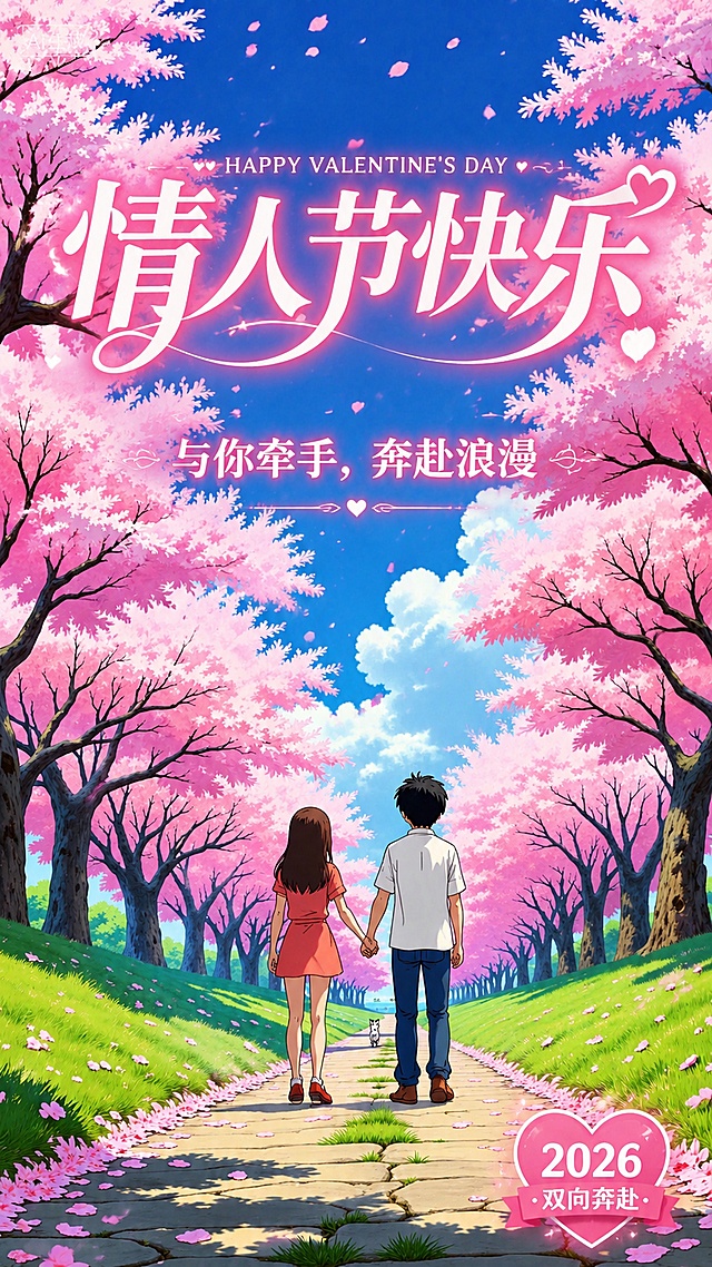 基于参考图的日式动画浪漫风格，制作情人节海报，保留情侣牵手走在樱花步道的场景，在画面顶部添加主标题"情人节快乐"，画面中部添加副标题"与你牵手，奔赴浪漫"，右下角添加装饰文案"2026 · 双向奔赴"，文字排版清晰，整体保持清新浪漫氛围，版式精美，樱花粉红色调搭配蓝天，保留原画面吉卜力动画风格