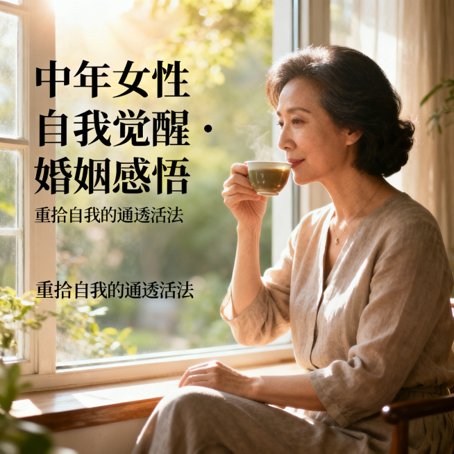封面主图，主题为#中年女性#自我觉醒 #婚姻感悟，治愈温馨风格，画面为一位从容优雅的中年女性，窗边安静品茶，阳光洒落，整体氛围通透松弛，文字主题搭配自然生活场景，体现女性自我重生拾起自我的通透活法预览效果