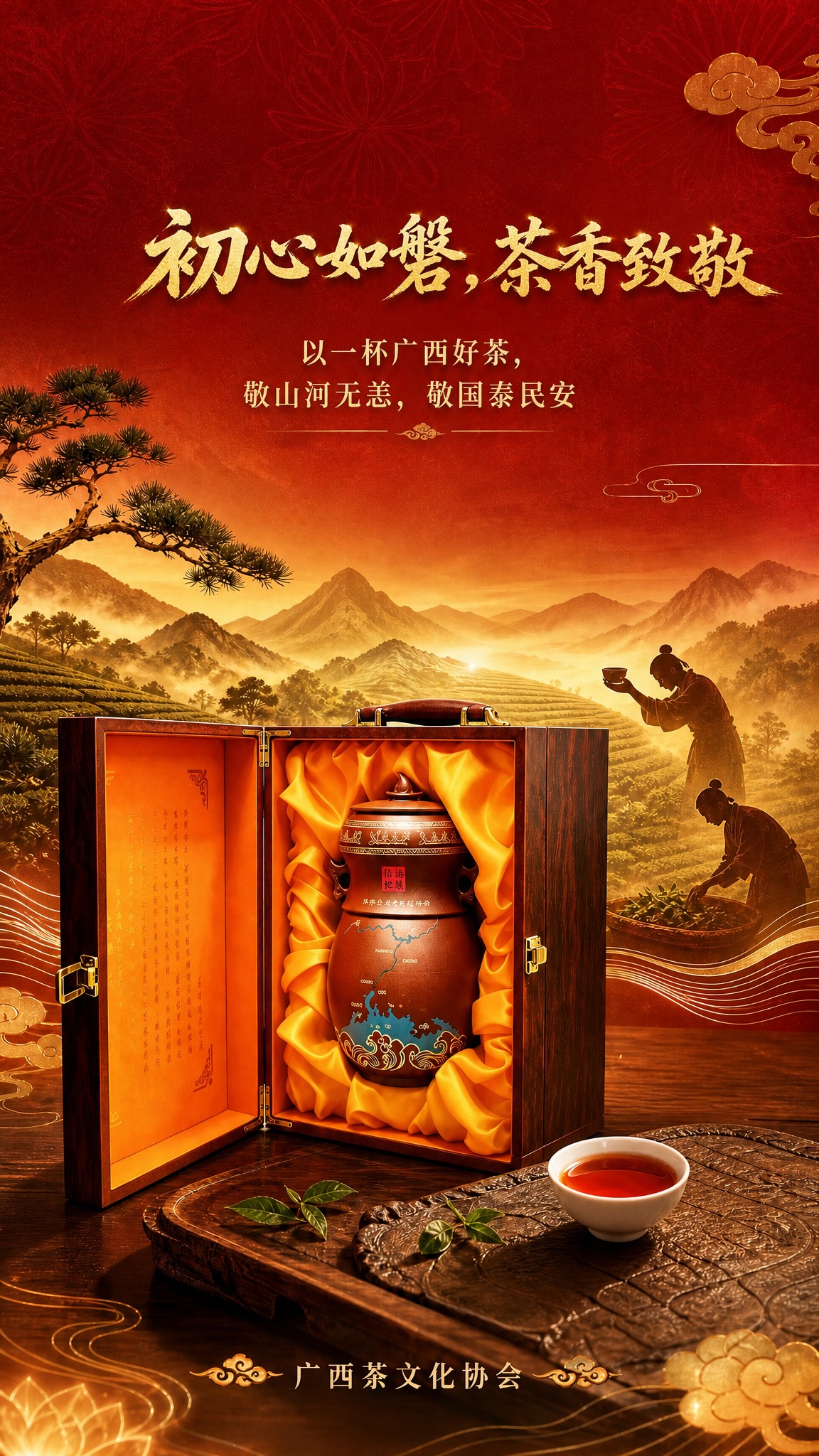 对画面做两处尺寸调整：一、将主标题文字『初心如磐，茶香致敬』的… - 图片创意预览