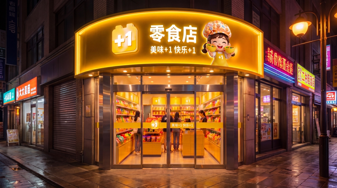 基于参考图生成夜景场景的零食店门头，保持+1图标、‘零食店’文字、‘美味+1 快乐+1’标语及右侧小女孩IP不变，门面形状为弧形设计，灯箱发光效果明显，街道灯光氛围温馨，高清4K可印刷预览效果