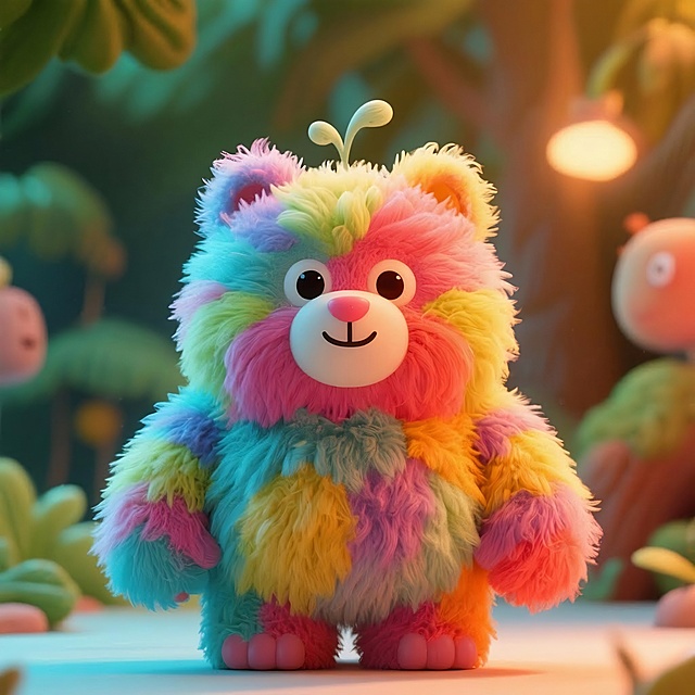 彩虹毛绒小熊，软3D风格，梦幻森林背景，毛发生长质感，可爱卡通造型，节日氛围浓厚。