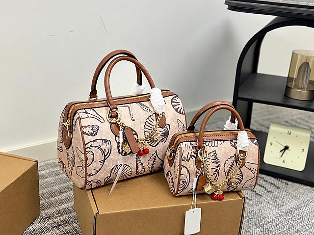 去掉图片中所有的COACH品牌LOGO和文字，包括包身金属LOGO、吊牌上的LOGO文字、纸箱上的LOGO文字；保持包的形状、海螺贝壳图案、颜色、五金配件、挂饰、背景环境和光影效果不变，整体自然真实