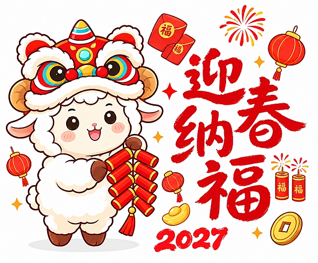 参考原图风格重新生成画面内容，去除全部水印和背景平铺的半透明水印文字。保留画面主体：可爱的卡通小羊身穿白毛，头戴醒狮头饰，手捧红色鞭炮，周围有红灯笼、元宝、铜钱、烟花、红包、星星等新春元素，右侧为红色毛笔手写大字"迎春纳福"，下方写有红色数字"2027"，白色干净背景，扁平卡通插画风格，色彩鲜艳，画面清晰干净无任何水印