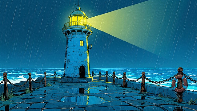 港风二次元，黑夜下雨灯塔，,安点，细节丰富，蓝色为主、黄色为辅，生成2张，不要人，4k，16:9