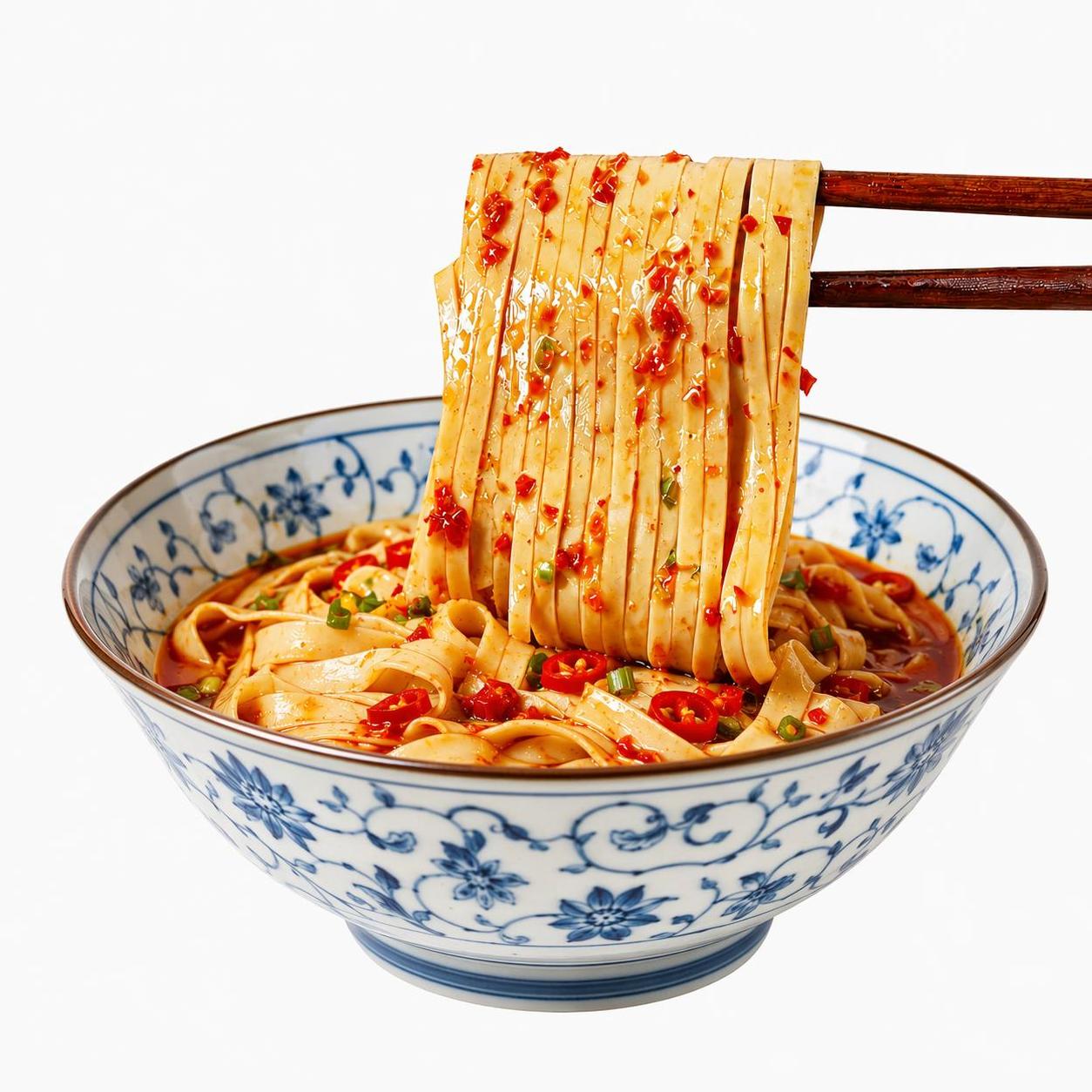 基于参考图生成同款香辣宽面美食图，更换为不同款式的碗（日式青花… - 图片创意预览