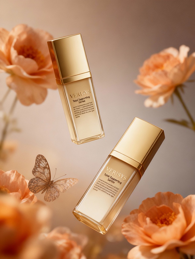 梦幻轻奢商业产品摄影风格，柔美浪漫调性，画面整体采用棕色系暖柔的低饱和灰调配色，温润朦胧的暖光晕调；采用轻微俯视的悬浮视角，双主体错落式构图；场景为渐变浅棕柔焦背景，搭配浅橙色花朵及带纹理的蝴蝶元素；双主体分别位于画面中上部、中下部区域，呈不同的倾斜状态错落悬浮；周围被浅橙色花朵、纹理蝴蝶环绕呼应，柔焦暖调背景弱化干扰以突出主体，悬浮形态增强梦幻感，自然元素与主体精致质感相衬，暖柔光晕布光强化轻奢浪漫的整体氛围