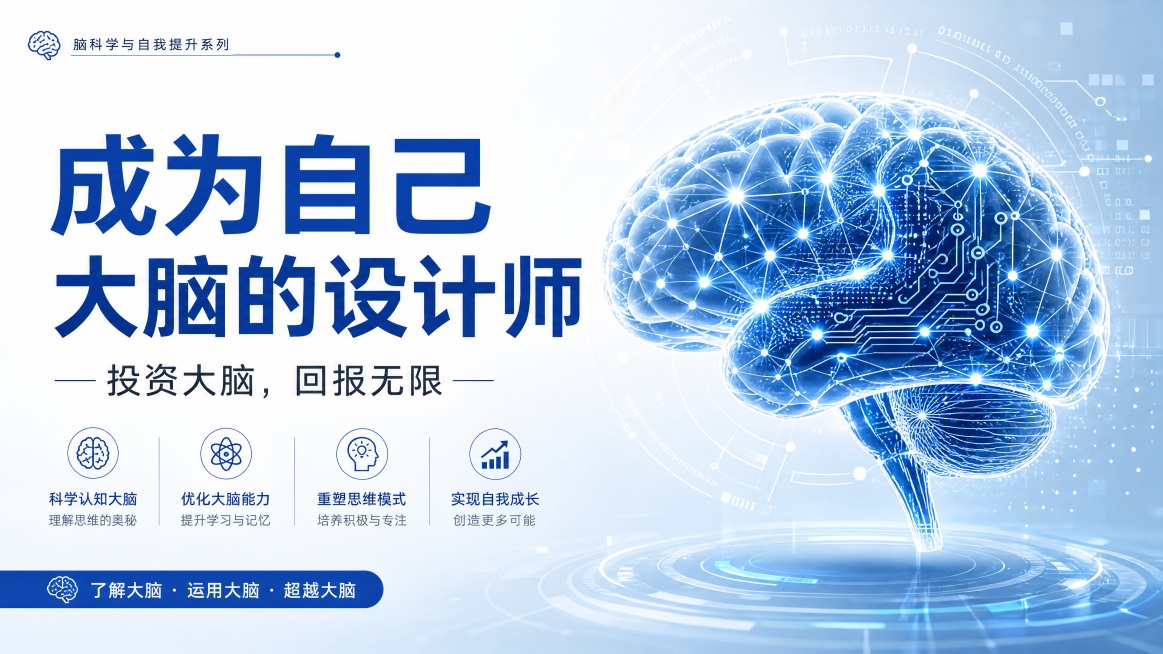 大脑设计主题科普封面，标题文字"成为自己大脑的设计师"，副标题"投资大脑，回报无限"，现代科技风格，蓝色和白色为主色调，简约干净的布局，包含大脑神经元素，16:9宽屏，正式指导性的视觉风格预览效果