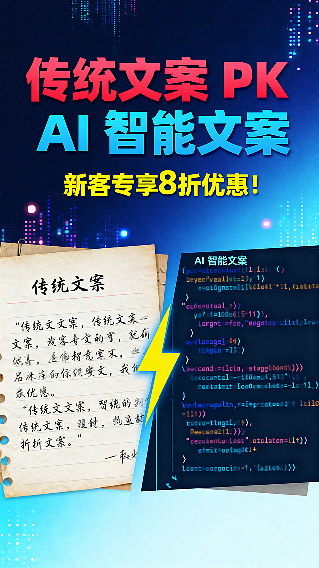 电商宣传海报，主标题为"传统文案 PK AI 智能文案"，下方标注"新客专享 8 折优惠！"，现代科技风格，促销设计，对比强烈，视觉冲击力强，适合推广人工智能文案服务