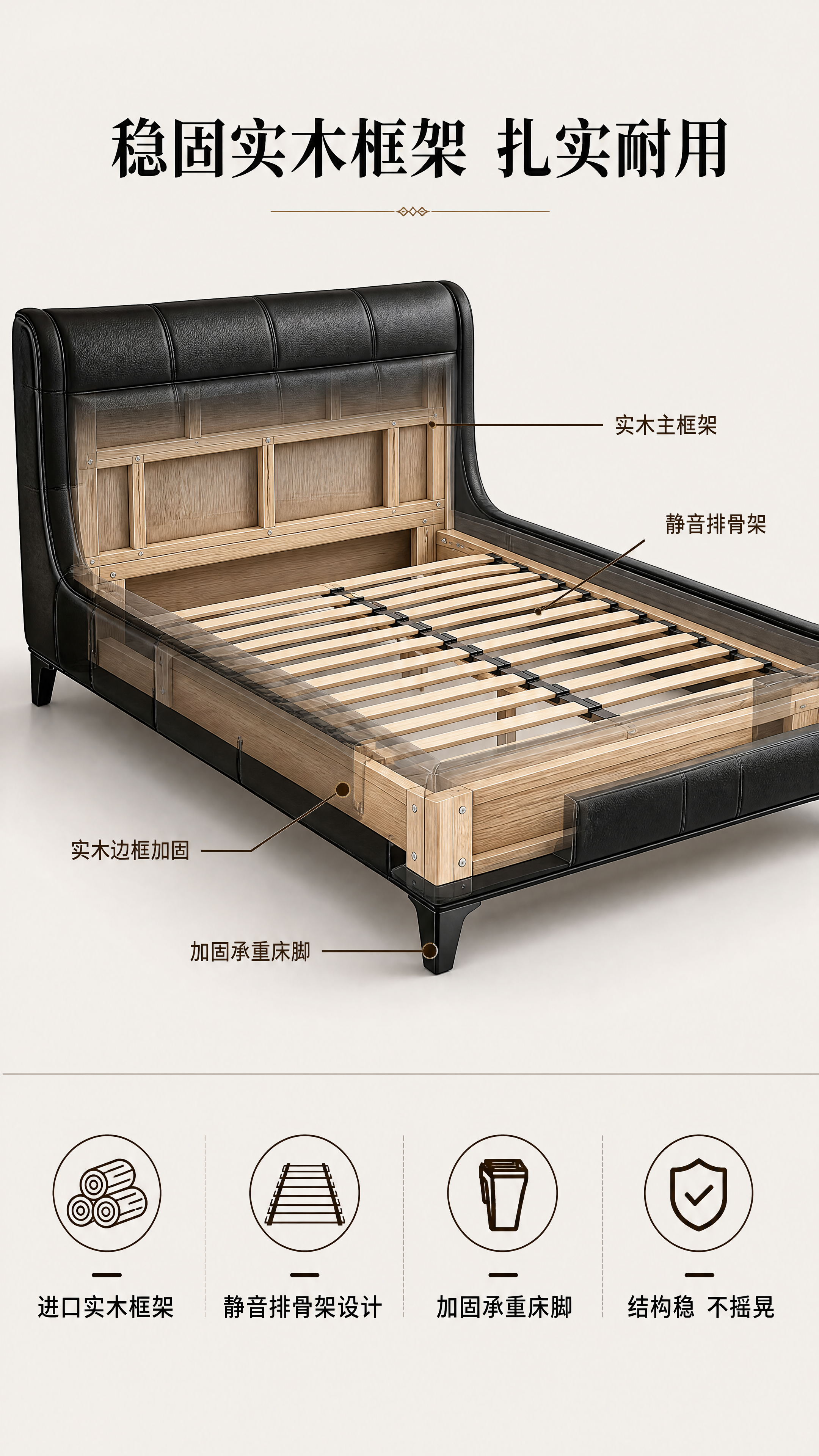 [第4屏] 结构解析-真皮软床实木内部框架展示页。 [氛围/风… - 图片创意预览