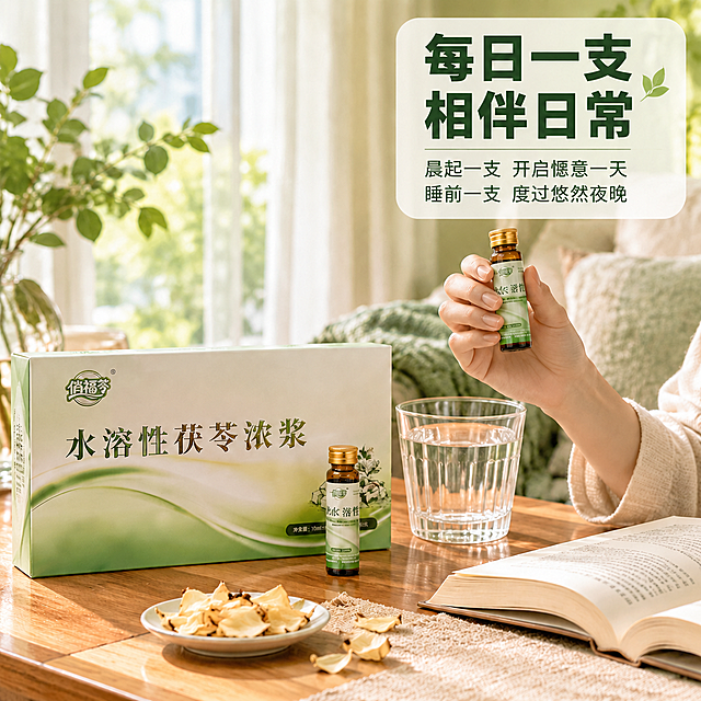 将右上角白色圆角卡片内的文字修改为：第一行大标题“每日一支”，第二行大标题“相伴日常”，下方第一行小字“晨起一支 开启惬意一天”，下方第二行小字“睡前一支 度过悠然夜晚”。保持原有的字体样式、字色深墨绿色、字号层级、卡片样式、位置和整体画面风格完全不变。产品、场景、光影、手部、礼盒、小瓶、水杯、书本、百合干等所有画面元素保持原样不动，只替换文字内容。