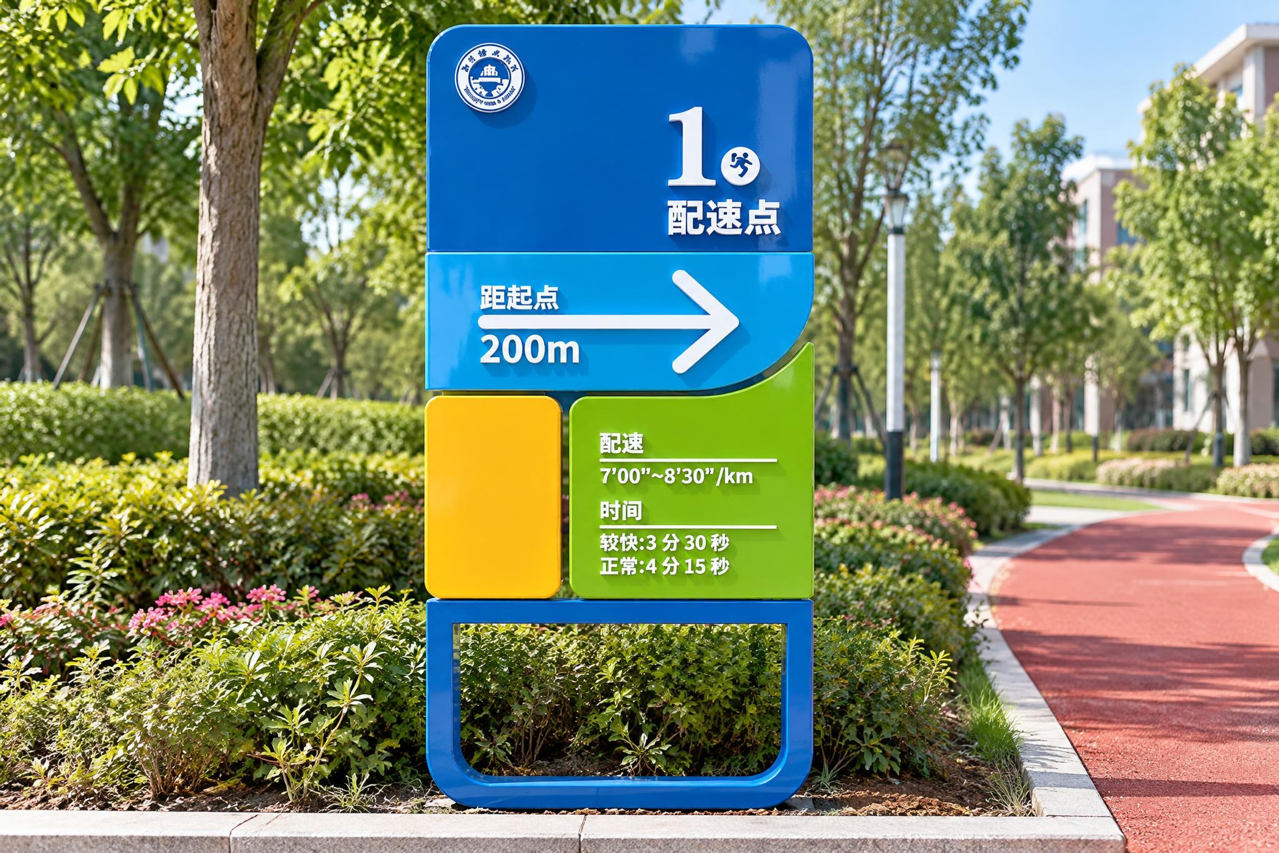 将图中的1号配速点标识雕塑生成正对视角的实景效果图，正面平视角… - 图片创意预览
