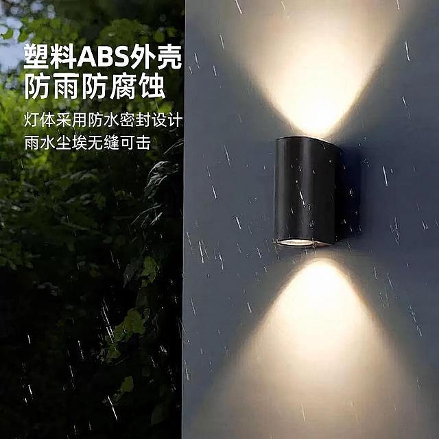 将图片左上角的文字"铝材外壳"修改为"塑料ABS外壳"，其余所有文字、画面、灯具、背景、雨滴效果均保持不变，文字字体、大小、颜色、位置与原图一致