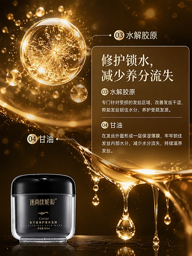 [商品] 使用【图2】迷尚优妮彩鱼子酱臻护奢养发膜500ml；保留黑色圆润罐盖、透明罐身、黑色内瓶、金色品牌名「迷尚优妮彩」、金色鱼子酱图标、「Caviar」字样、「鱼子酱臻护奢养发膜」、「LUXURIOUS HAIR MASK」、「净含量:500ml」等所有瓶身文字和Logo；产品为发膜罐，用于发丝护理。
[画面] 页面目标：成分详解③+④，水解胶原与甘油的锁水保湿作用；上下分区构图；上半区：通透金色水解胶原流体球悬浮，球体内部有纤维状纹理，周围环绕小分子光点；下半区：缓缓流动的甘油液体滴落画面，透明琥珀色液滴下坠，形成柔滑流体轨迹；延续上一张暖金柔光调性；文字区位于画面中部偏右，半透明金色底框包裹；产品小图可置于角落点缀。
[视觉] 套系策略：风格=轻奢黑金高级商业摄影+3D成分可视化；标题字=现代衬线粗体（优雅高端）；正文字=简洁无衬线体；主色=深邃黑金+暖金；背景延展=基于黑金做深浅层级、暖金流体渐变和金箔细碎颗粒质感；强调色=璀璨金，仅用于小面积图标、引线、编号和局部光效；标题色=暖金色；正文色=浅米白/浅金色；组件=半透明金色底框、金色编号标识、细线引线；光影=暖金柔光、流体通透光感。
[文字] 中部偏右半透明金色底框内放文案；大标题：修护锁水，减少养分流失；正文：🔹水解胶原 专门针对受损的发丝区域，改善发丝干涩，帮助发丝锁住水分，养护受损发质。🔹甘油 在发丝外面形成一层保湿薄膜，牢牢锁住发丝内部水分，减少水分流失，持续滋养发丝。左上角金色编号03、04标识对应两种成分；所有文字横向排版，手机端可读。
[规格] 图片比例3:4竖版，4K高清，小红书详情页适配；避免变形、错字、文字过小、冷蓝/蓝灰背景、产品颜色改变、罐身文字错乱；禁用极限词、虚假功效、平台Logo。